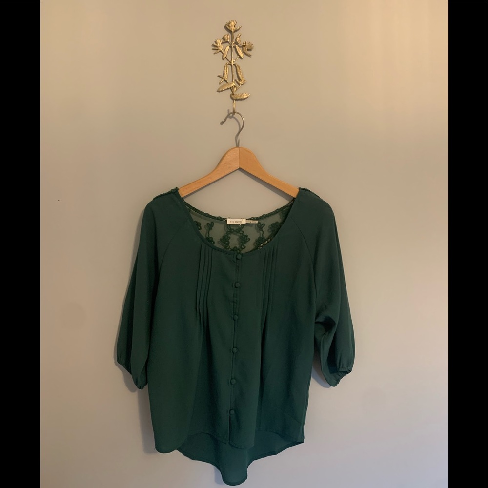Emerald Green Lace Button Up Top